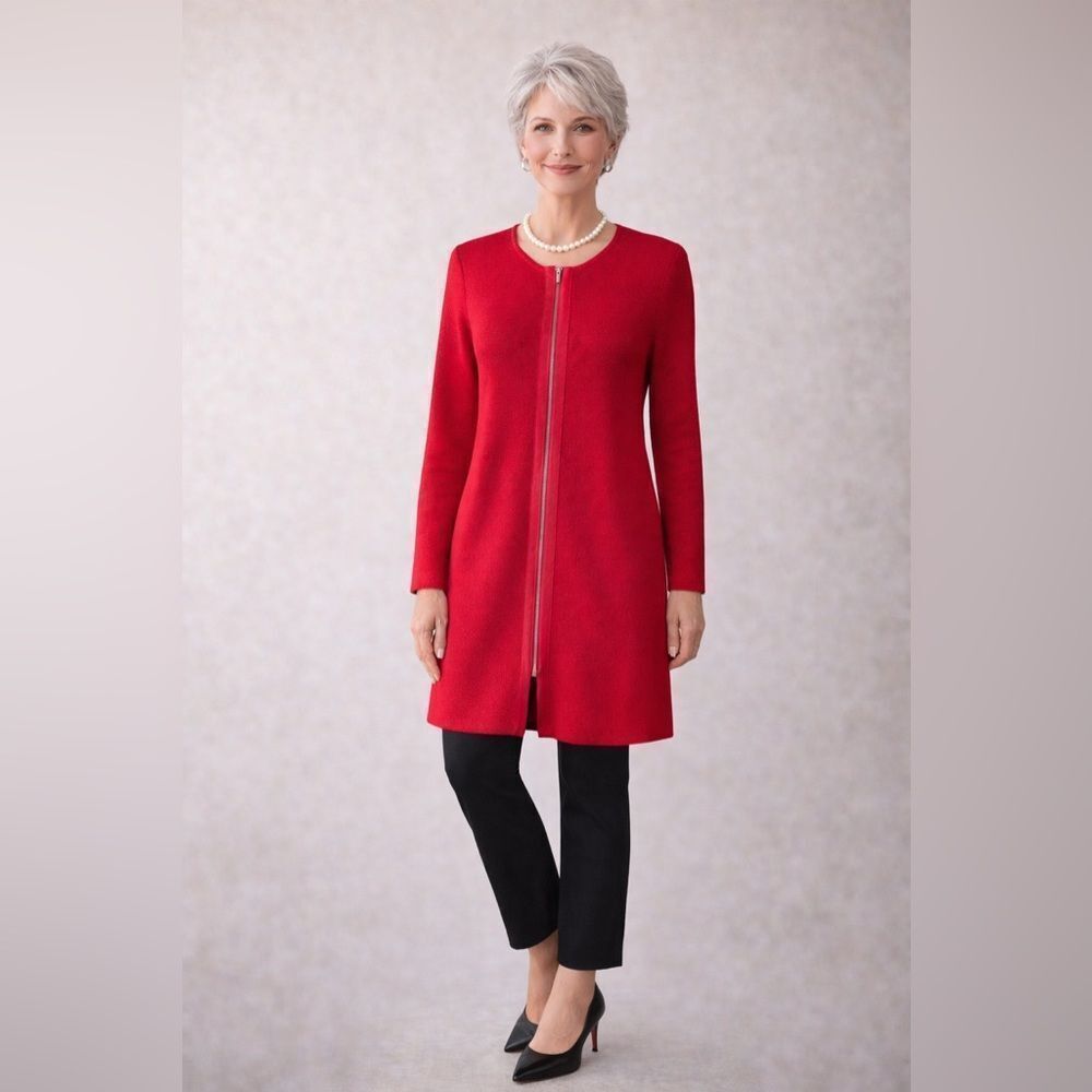 TALBOTS Red Zip Front Sweater Cardigan Tunic Dress Gold Zip
